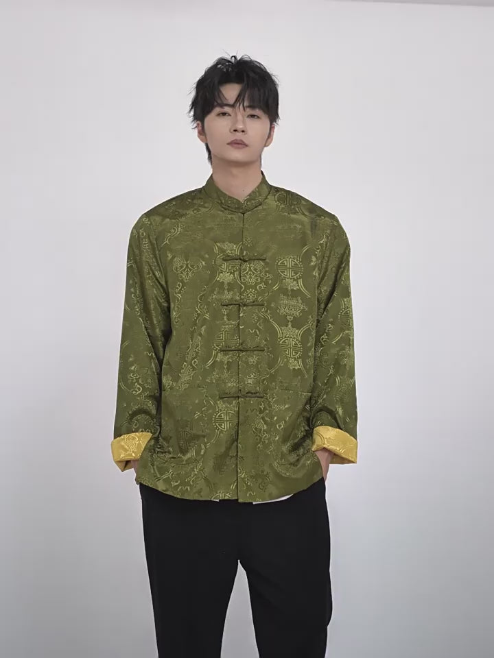 Reversible Chinese Man Jacquard Tang Suit Uniform Kungfu Top