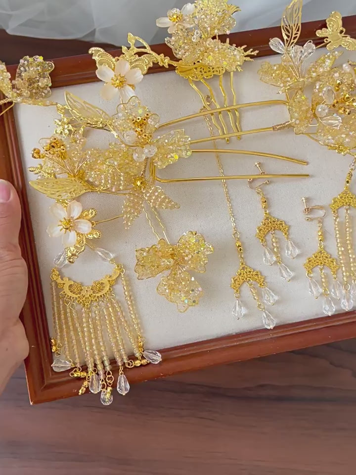 Alloy Gold Butterfly Flower Bridal Wedding Hairpins Clips & Earrings
