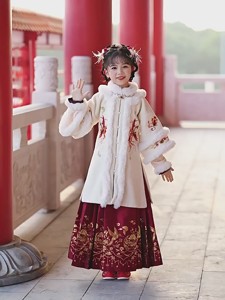 2 Pieces Kids Girls Ancient Hanfu 汉服 Embroidered Coat Horse Face Skirt