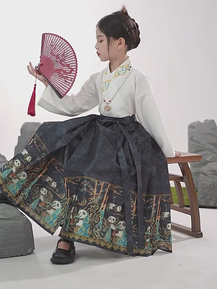 2 Pieces Kids Girls Ancient Hanfu Black Horse Face Skirt Costume Dress