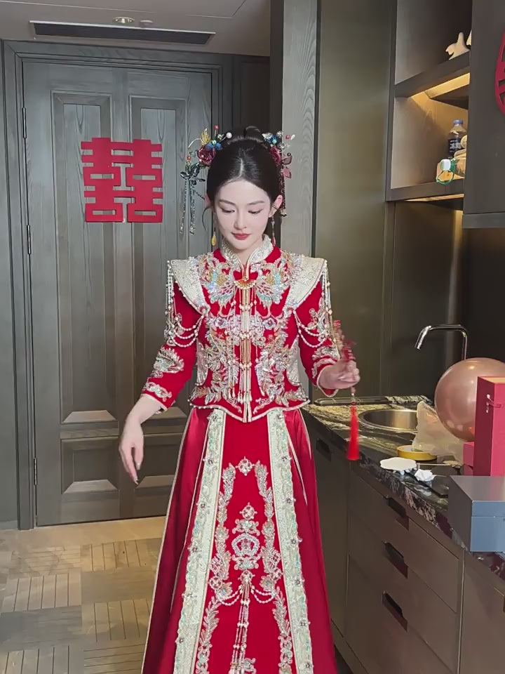 2026 Red Beads Appliques Wedding Bridal Qun Kwa XiuHe Outfit