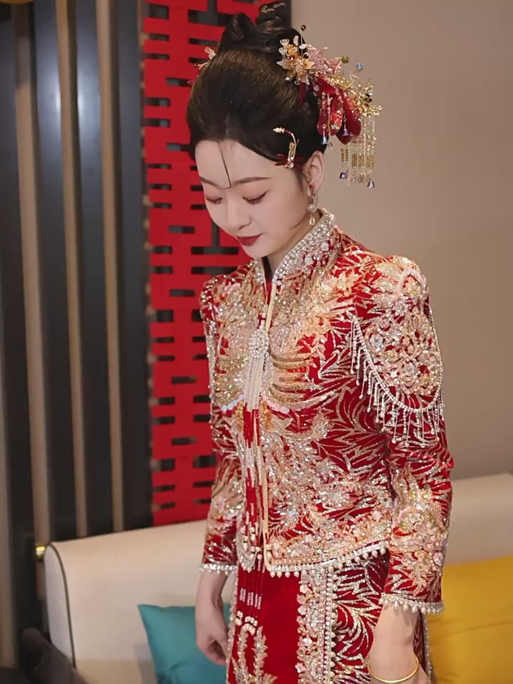 Gorgeous Shimmer Zircon Phoenix Wedding Bridal Qun Gua