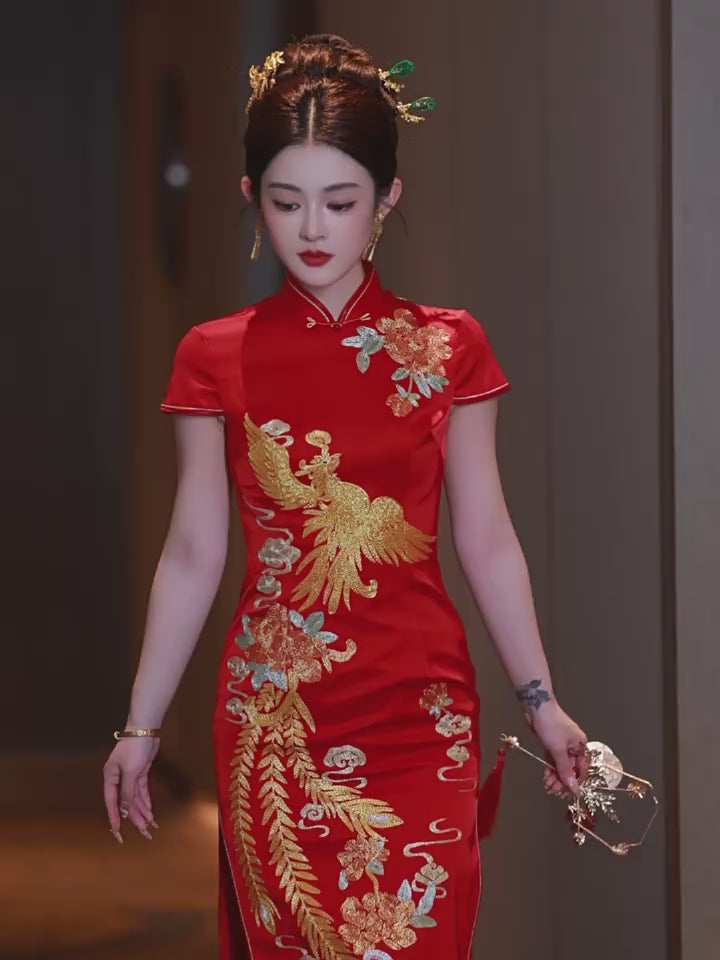 Red Embroidered Phoenix Wedding Bridal Cheongsam Qipao Dress