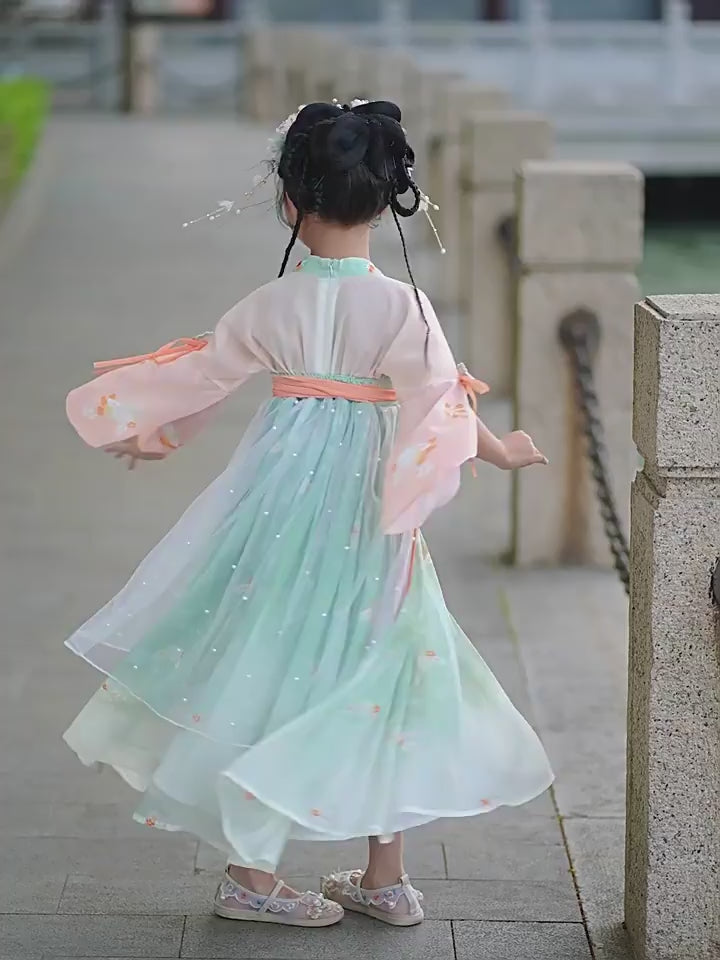 Green Embroidered Kids Girls Ancient Hanfu 汉服 Costume Dress