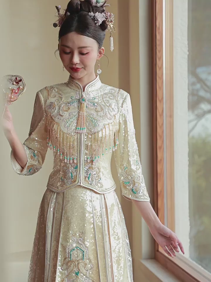 Exquisite Champagne Sequins Wedding Bridal Qun Gua Outfit