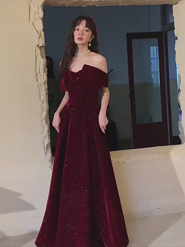 Shimmer Burgundy Velvet Off Shoulder Evening Prom Gown