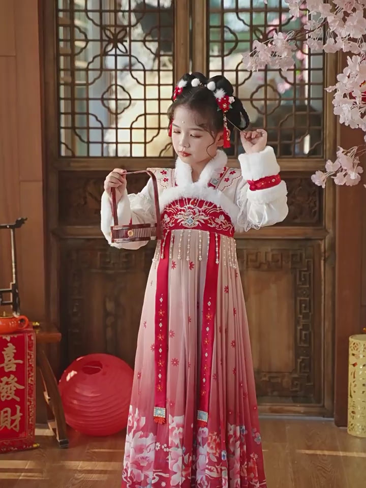 Red Fleeced Embroidered Kids Girls Chinese Winter Hanfu 汉服 Costume Dress