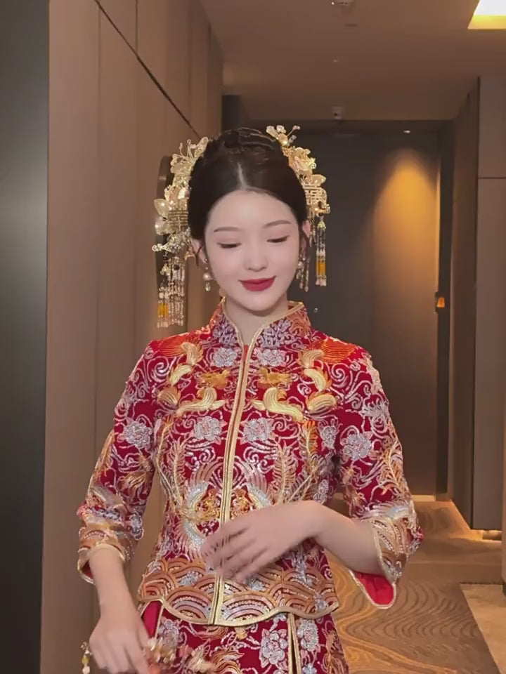 Sequins Embroidered Phoenix Wedding Bridal Qun Gua Xiu He
