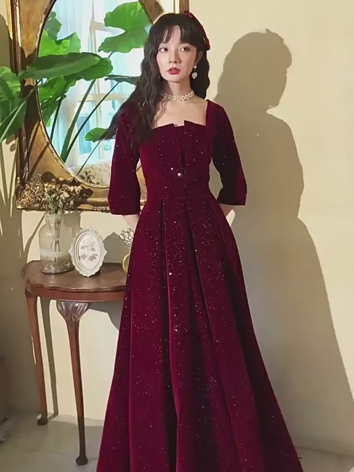 Shimmer Burgundy Velvet A-Line Winter Evening Prom Gown