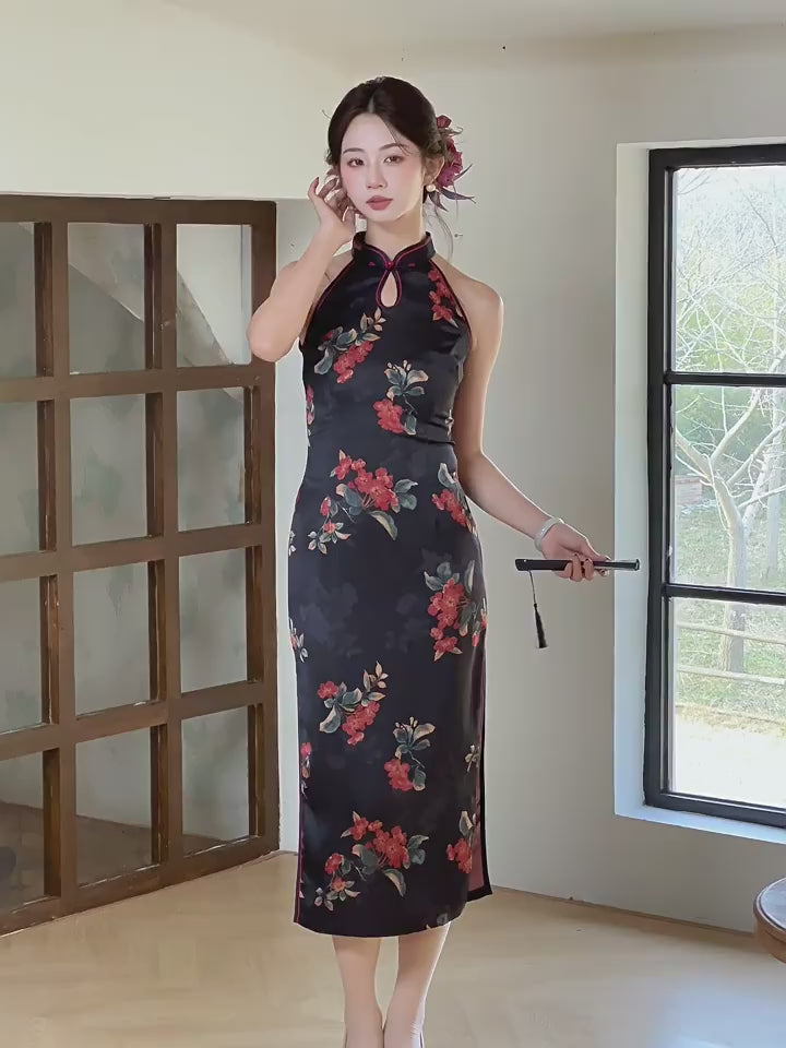 Black Floral Print Halter Midi Cheongsam Qipao Dress
