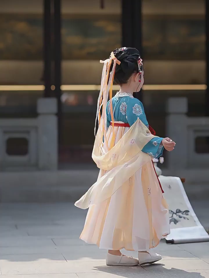 Yellow Embroidered Kids Girls Ancient Hanfu Costume Dress 汉服洛神