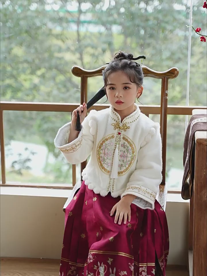 2 Pieces Kids Girls Winter Hanfu Red Horse Face Skirt Costume Dress