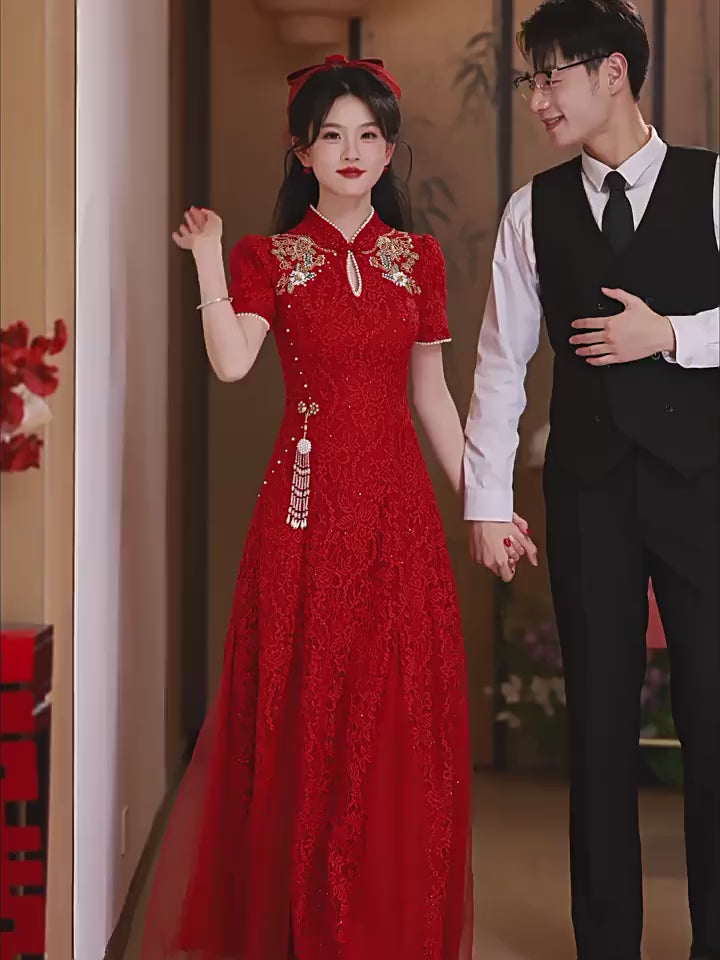 Burgundy Shimmer Lace A-Line Bridal Qipao Cheongsam Gown