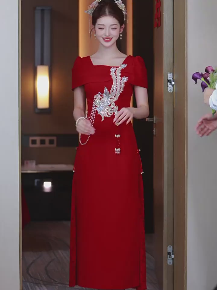 Red Square Neck Phoenix A-Line Bridal Wedding Dress