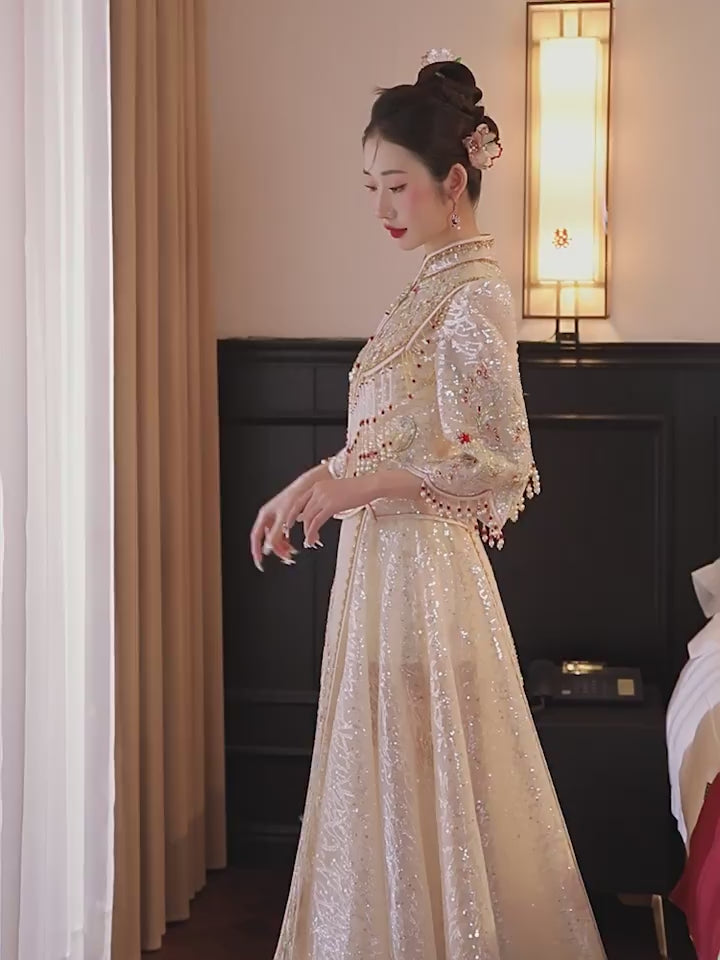 Champagne Sequins Mesh Beads Tassels Bridal Qun Gua