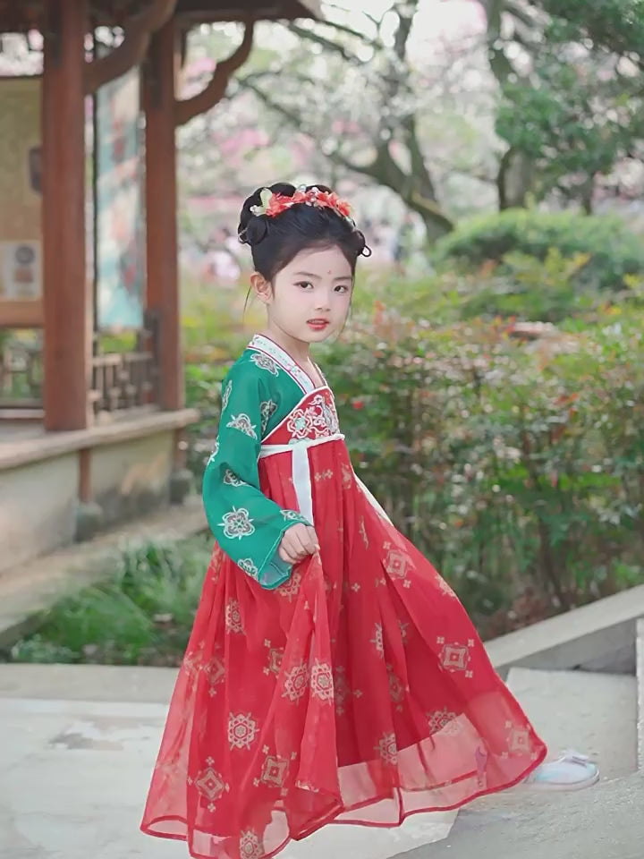 Red Embroidered Kids Girls Ancient Hanfu Costume Dress 汉服长安