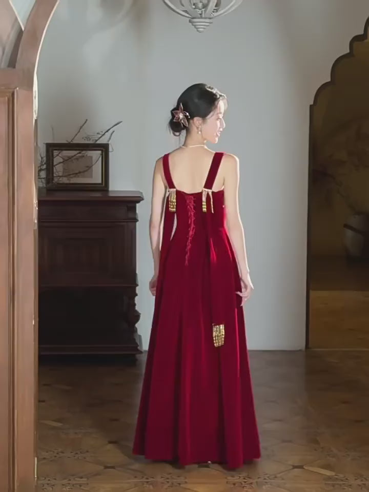 Burgundy Velvet Slip Phoenix Maxi A-Line Wedding Prom Dress