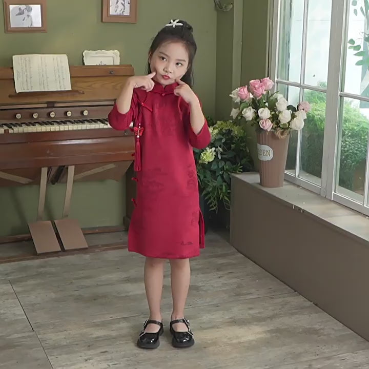 Red Print Suede Kids Girls Qipao Cheongsam Dress