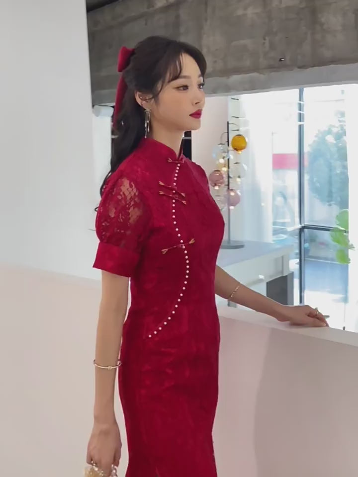 Burgundy Lace Midi Wedding Cheongsam Qipao Dress