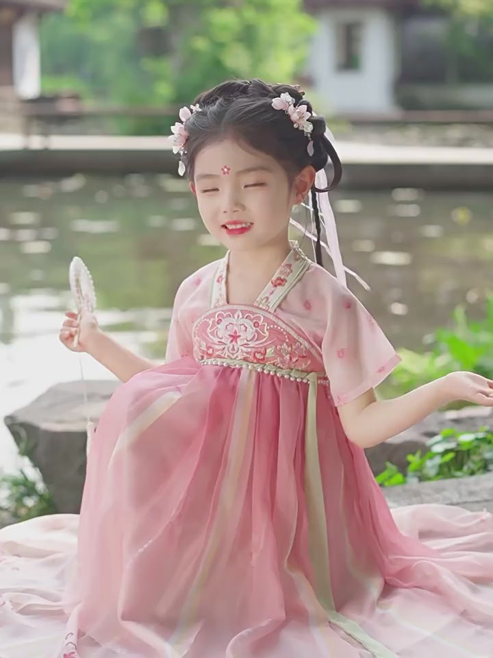 Pink Cherry Blossoms Kids Girls Ancient Hanfu 汉服 Costume Dress