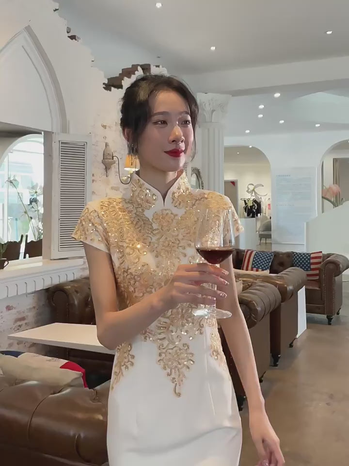 White Appliques Thigh Split Fishtail Cheongsam Qipao Dress