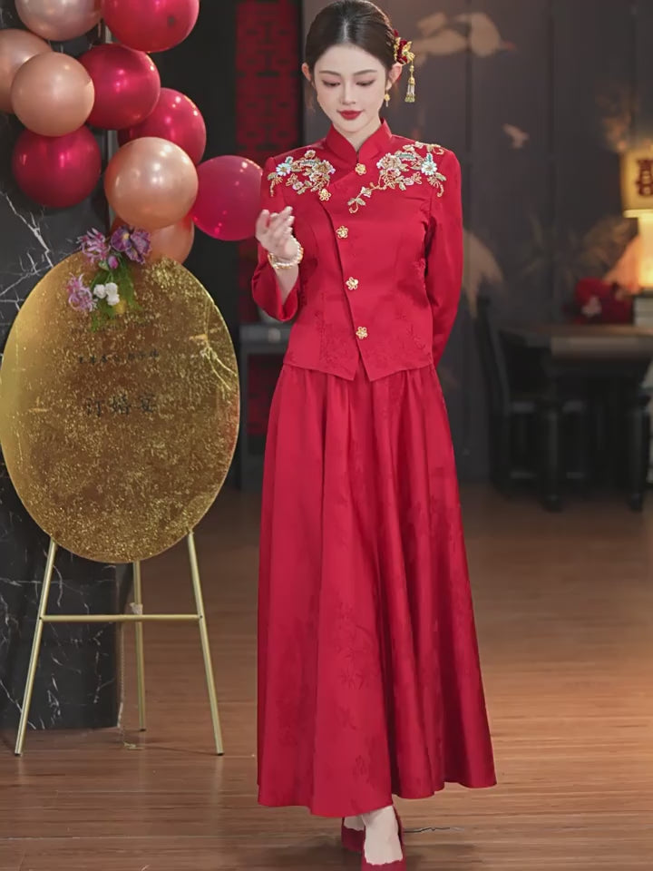 Tow Pieces Modern Appliques Wedding Bridal Satin Jakcet & Skirt Xiuhe