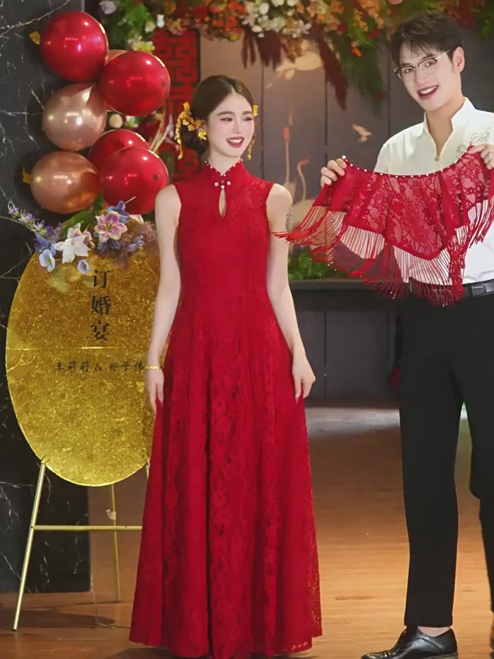 Burgundy Lace A-Line Wedding Bridal Cheongsam Qipao Dress