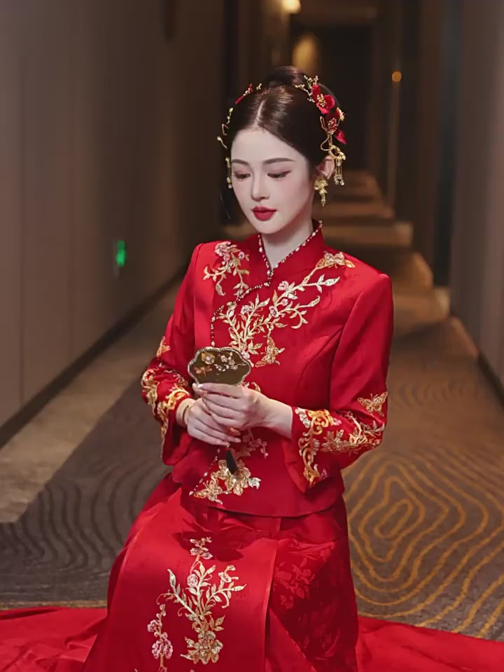 Two-Piece Chinese Wedding Bridal Embroidered Wedding Xiu He Outfit