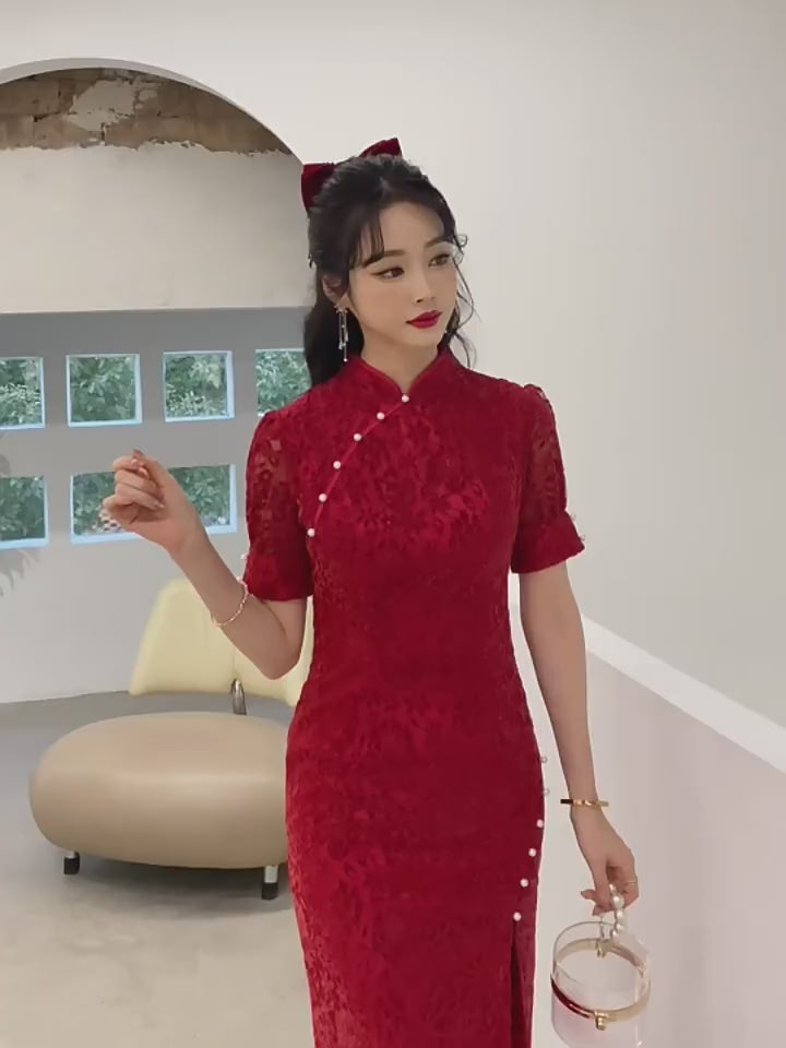 Burgundy Lace Thigh Split Cheongsam Qipao Dress
