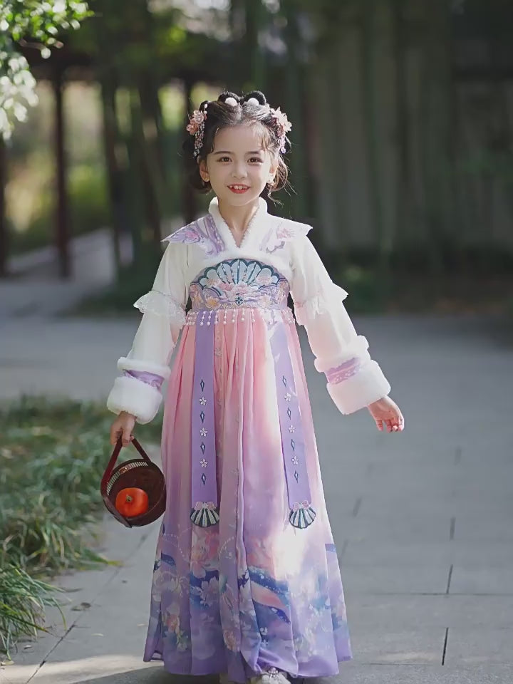 Purple Fleeced Kids Girls Chinese Winter Hanfu 汉服 Costume Dress