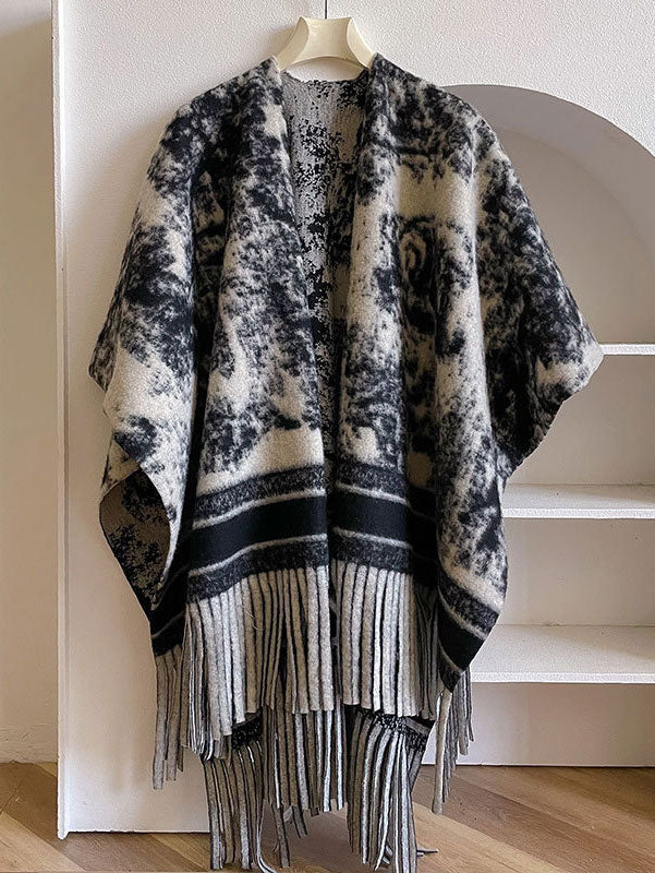 Plaid Winter Open Front Women Tassels Shawl Cape Wrap