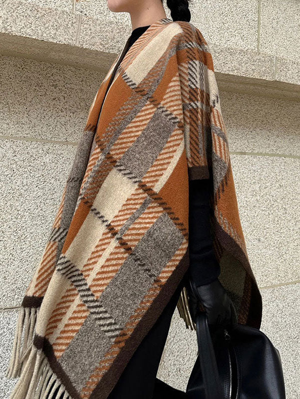 Plaid Winter Open Front Women Tassels Shawl Cape Wrap