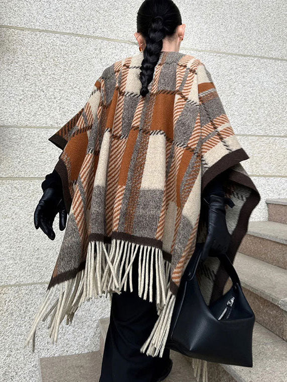 Plaid Winter Open Front Women Tassels Shawl Cape Wrap