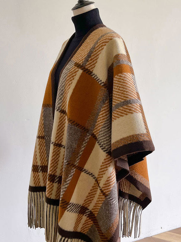 Plaid Winter Open Front Women Tassels Shawl Cape Wrap