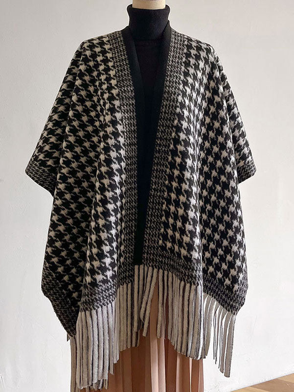 Plaid Winter Open Front Women Tassels Shawl Cape Wrap