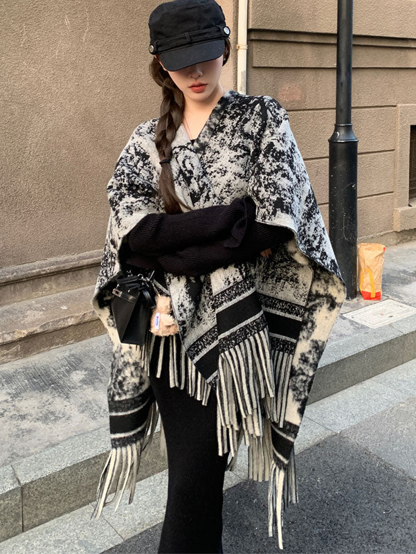 Plaid Winter Open Front Women Tassels Shawl Cape Wrap