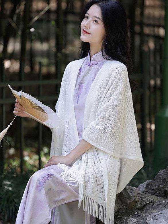 White Beige Knit Tassels Cheongsam Wrap Shawl