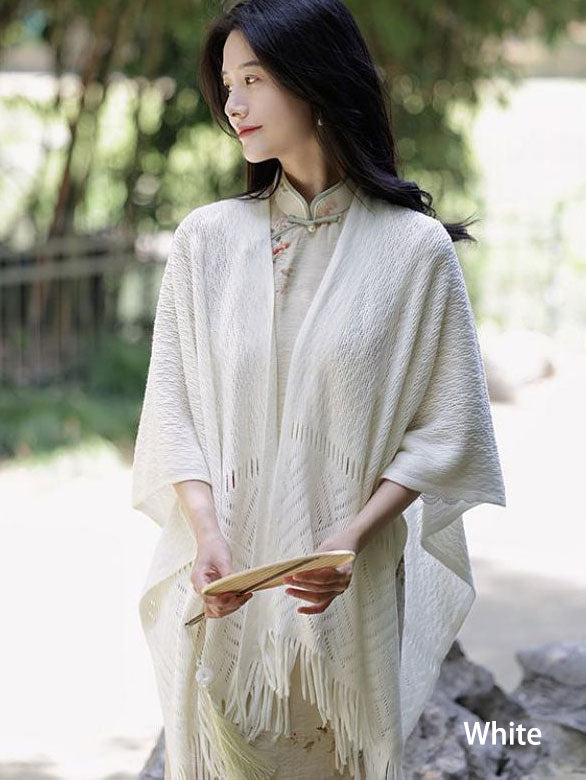 White Beige Knit Tassels Cheongsam Wrap Shawl