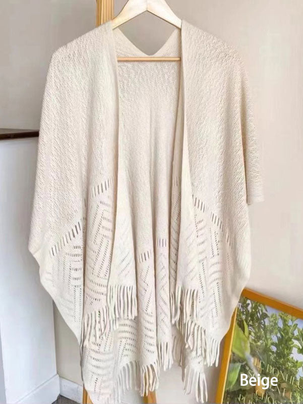 White Beige Knit Tassels Cheongsam Wrap Shawl