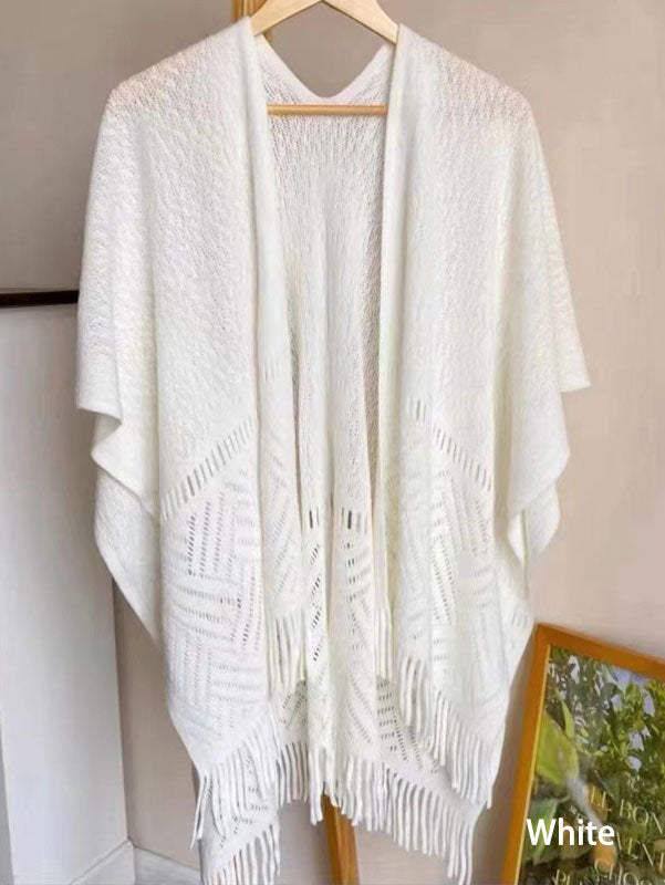 White Beige Knit Tassels Cheongsam Wrap Shawl