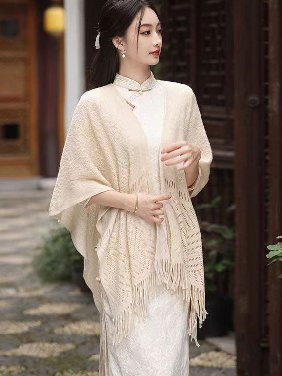 White Beige Knit Tassels Cheongsam Wrap Shawl