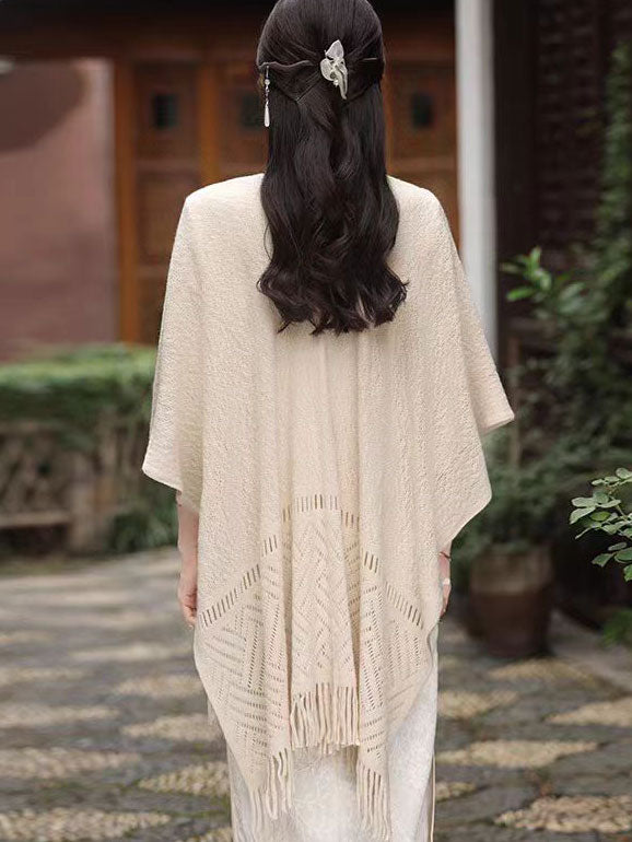 White Beige Knit Tassels Cheongsam Wrap Shawl