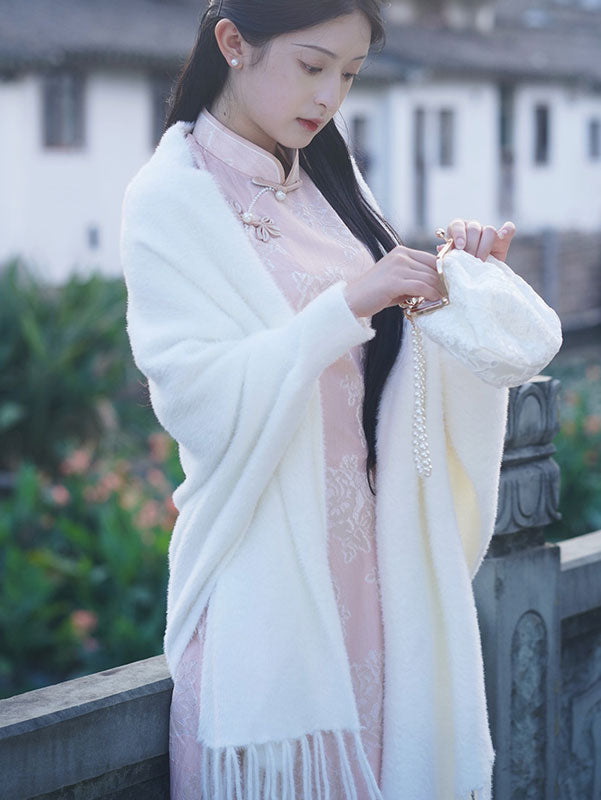 White Faux Fur Cheongsam Sleeve Cape Shawl Coat