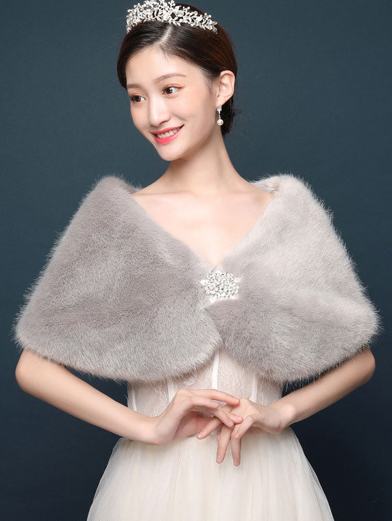 Artificial Fur Brooch Evening Party Wedding Bride Wrap Shawl
