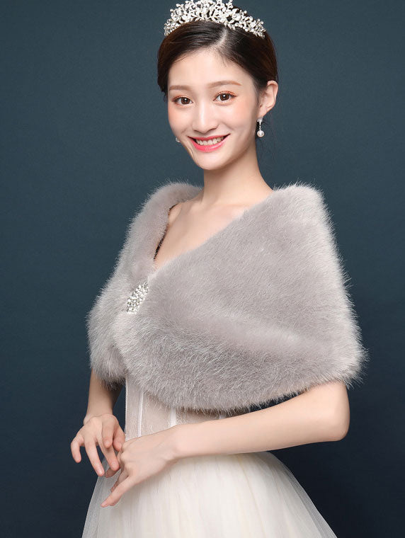 Artificial Fur Brooch Evening Party Wedding Bride Wrap Shawl