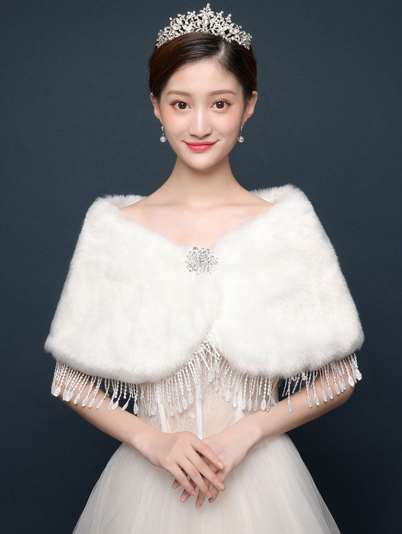 Artificial Fur Brooch Tassels Evening Wedding Bride Wrap Shawl