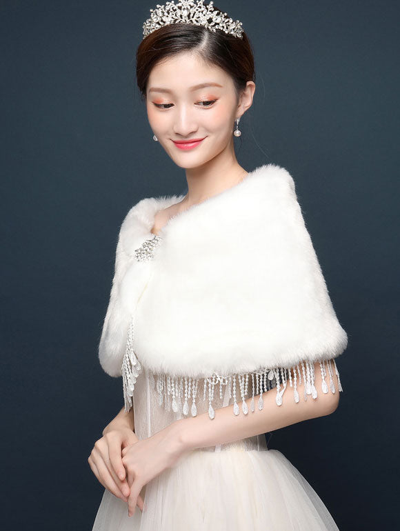 Artificial Fur Brooch Tassels Evening Wedding Bride Wrap Shawl