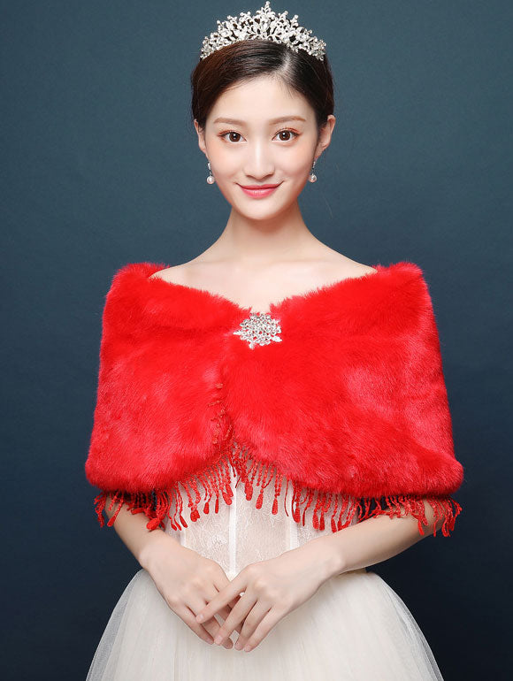 Artificial Fur Brooch Tassels Evening Wedding Bride Wrap Shawl