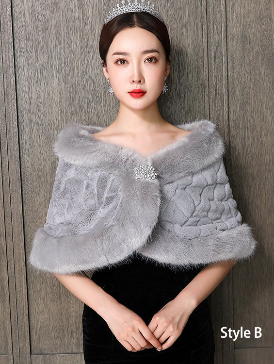 Gray Faux Fur Stripe Brooch Mothers Evening Party Wrap Shawl