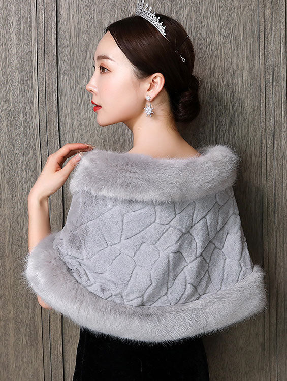 Gray Faux Fur Stripe Brooch Mothers Evening Party Wrap Shawl